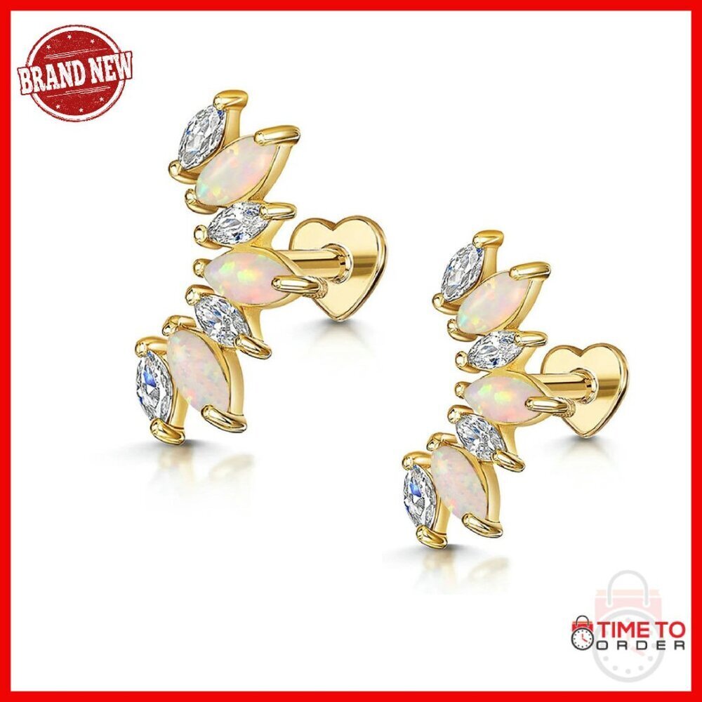 14K Gold Plated Sterling Silver Opal CZ Flat Back Earrings 16G 8mm
